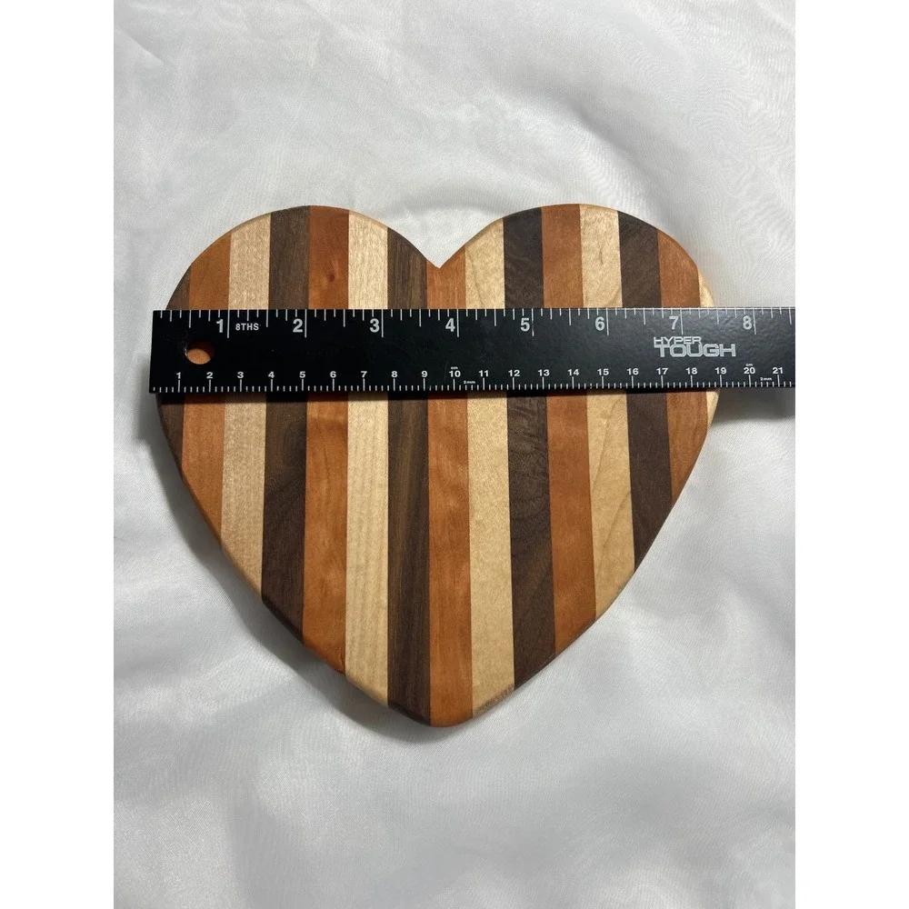 Handmade Heart Shaped Wooden Cutting Board Striped Walnut Maple Cherry 7.75in